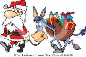 Santa walking with donkey