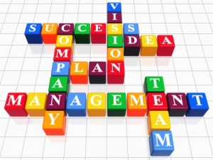Scrabble tiles of business words